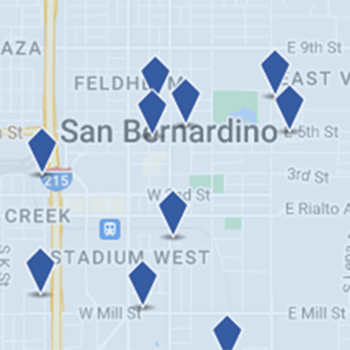 map of San Bernardino with location pins