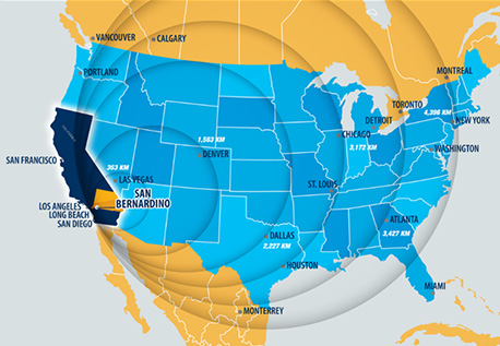 map of USA showing placement of San Bernardino region